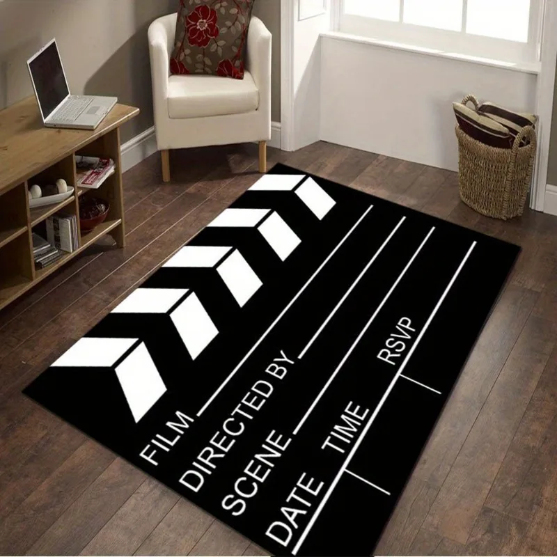 2D Flat Movie Clapperboard Black White Film Director Flannel Area Rug Non Slip Cinema Theme Carpet For Living Room Home Theater