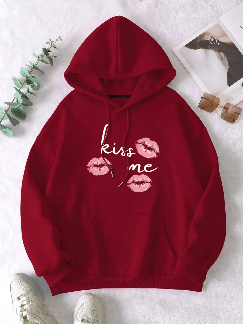 Kiss Me Red Lips 인쇄 여성 후드 Y2K 루즈 포켓 풀오버 가을 양털 Hoody All-Match Hip Hop 여성 streetwear
