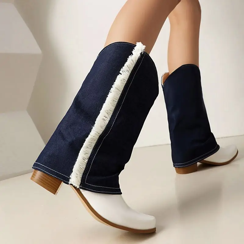 

ORCHA LISA Shoes Women New Sexy Women Western Slip On Boots Square Toe 5.5cm Block Heel Blue Plus Size 47 48 Leisure Daily Style