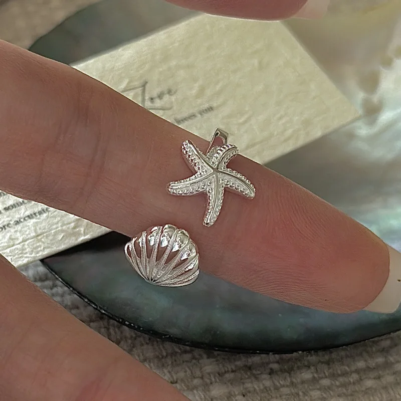 

S925 Серебряное кольцо в виде ракушки в виде морской звезды в корейском винтажном стиле на тему океана, многослойное минималистское изящное оптовое ювелирное изделие для женщин