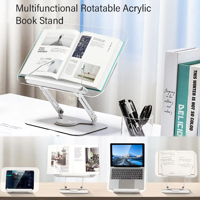 NEW Book Stand for Reading Adjustable Book Holder with 360° Rotating Base Elastic Page Clips Foldable Desktop Riser Stand