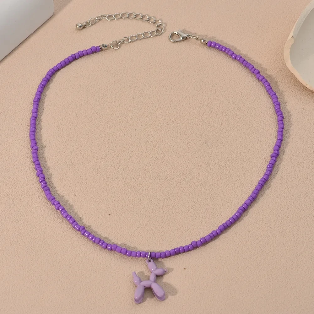 Cute Colorful Enamel Puppy Dog Pendant Necklace for Women Boho Ethnic Handmade Beaded Chain Choker Necklace Wholesale Jewelry