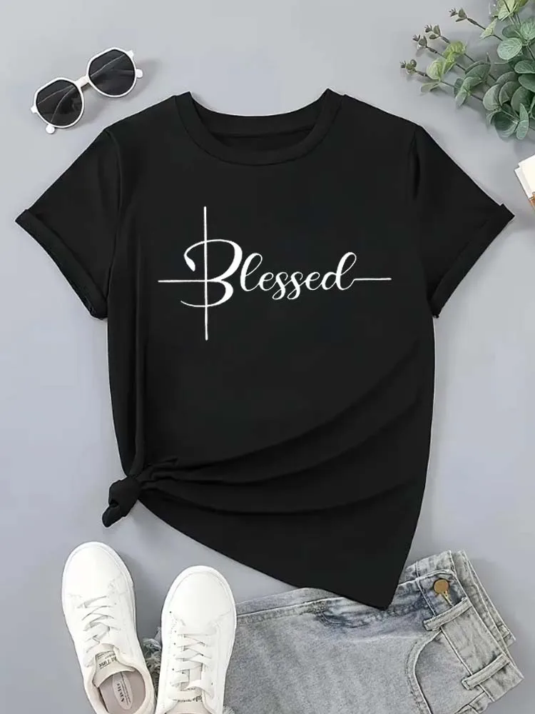 New Funny Women T Shirt Blessed Letter Printed Short Sleeve T-Shirts Casual Streetwear Hip Hop Y2k Clothes Tops