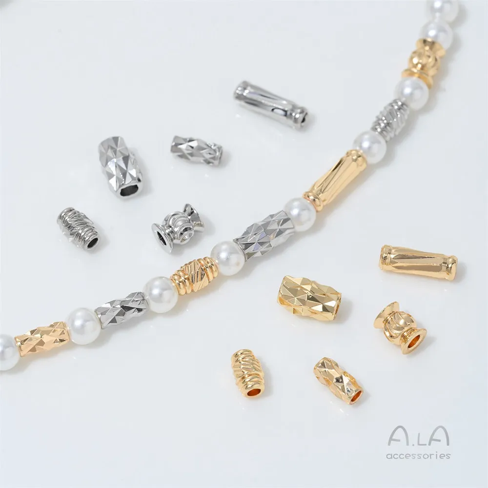 C52 14K Gold Plated Patterned Straight Pipe Beads, Threaded Lantern Spacer Beads for DIY Handmade Necklace Jewelry Making