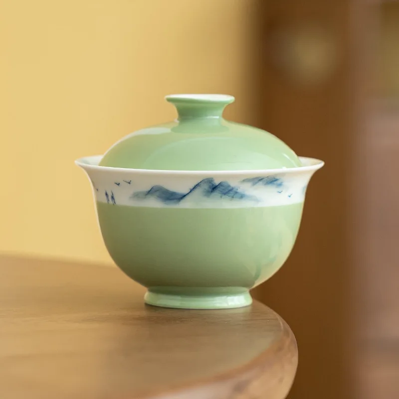 

Зеленая серия, ручная роспись, Ландшафтная крышка, чаша, керамический чай кунг-фу, Два домашних чайных набора, чайная чашка с одним покрытием
