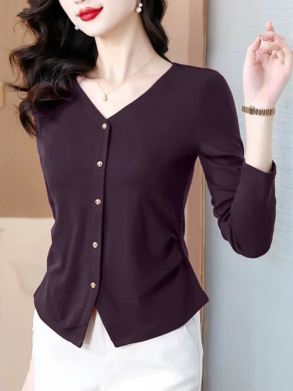 플러스 사이즈 V넥 긴팔 티셔츠 여성 순면 가을 패션 플리츠 허리 조임 슬림핏 베이스 티셔츠