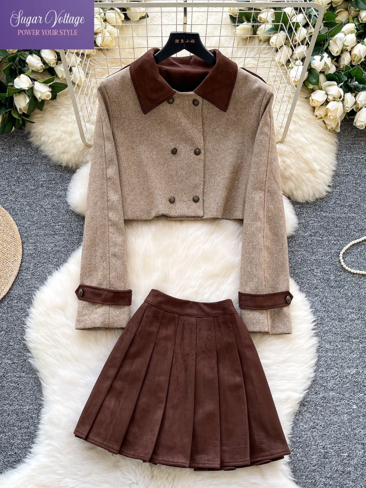 French Fashion Elegant Lapel Two Piece Set Women Autumn Winter Retro Slim Double Breasted Short Jacket + Pleated Skirt Outfit