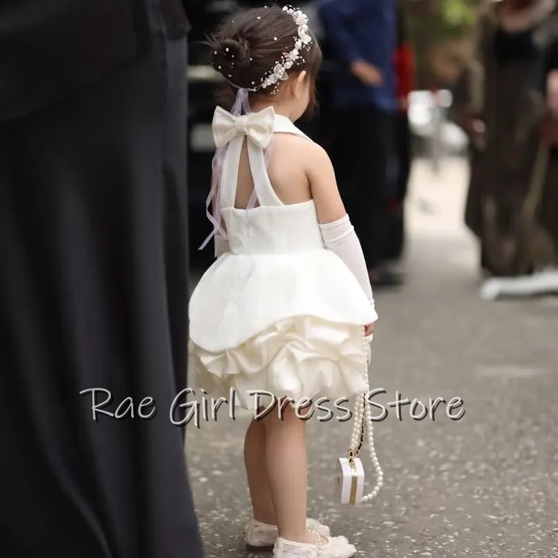 Satin Halter Flower Girl Dress Collar Bow Back Cutout Multi Layer Ruffle Mini Skirt Birthday Party Gowns Customized