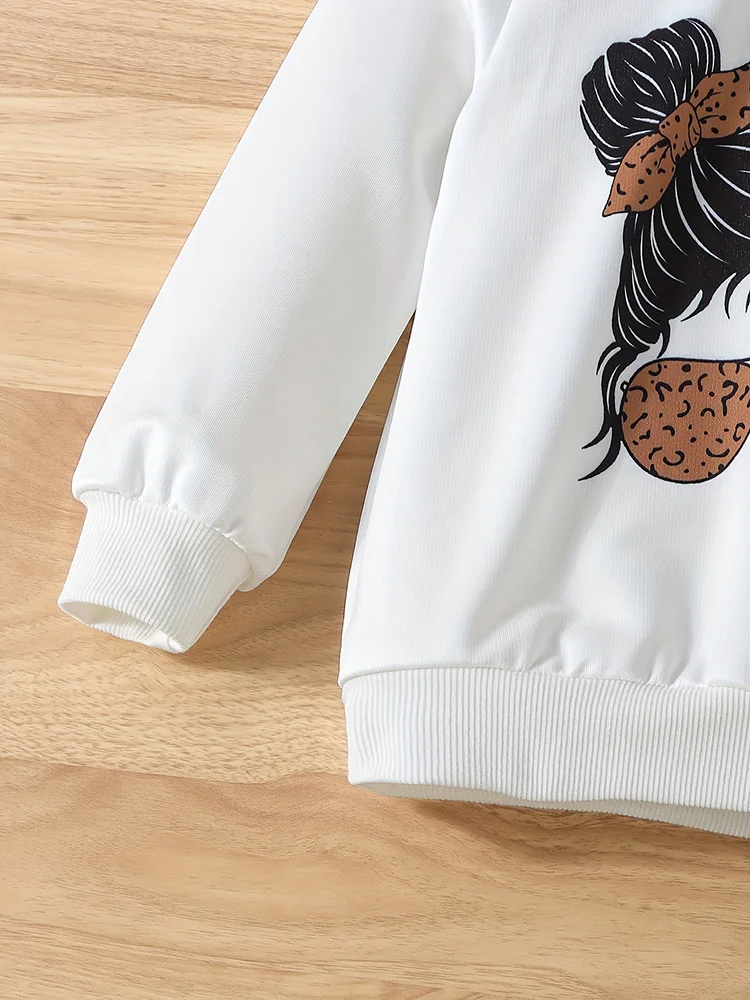 Two-piece set for girls in autum portrait print round neck long-sleeved sweatshirt pure color stitching pleated printed pants suit