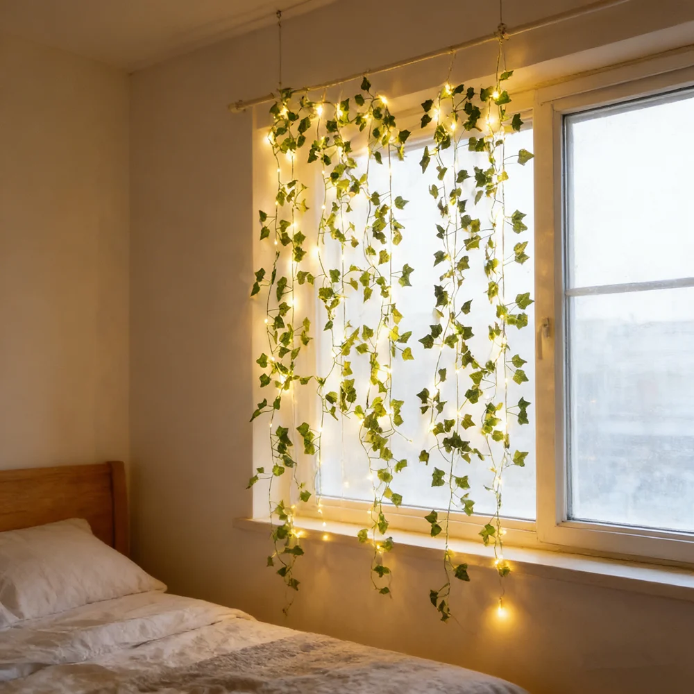 5M/2M Green Leaf LED Flower Fake Plants String Light Battery Powered Garden Decoration for Wall Christmas Birthday Wedding Room