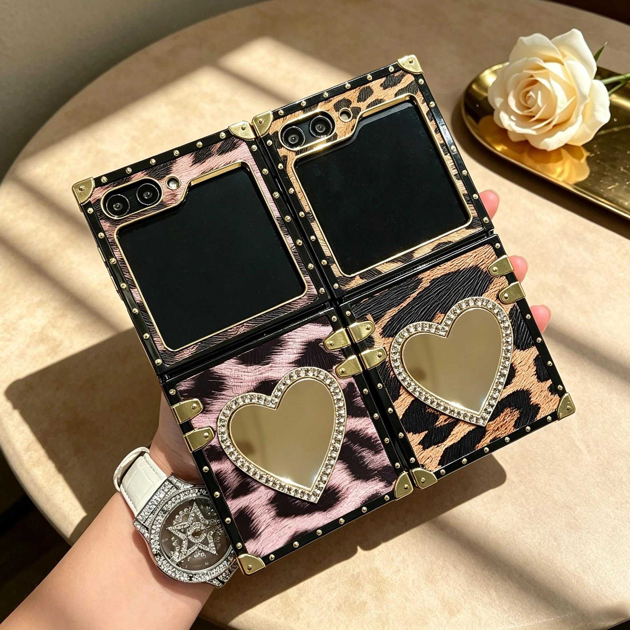 Leopard Print TPU Leather Gold Frame Featuring Diamond Lnlay Mirror  Phone Case For Samsung Galaxy Z Flip 8 7 6 5 4 3 5G 7FE