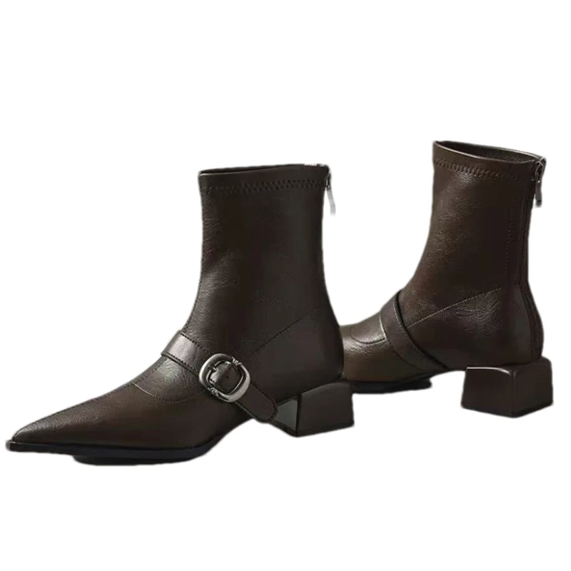 Botki damskie na obcasie ze szpiczastym noskiem, skórzane buty na średnim obcasie, trend zima 2025, gotyckie botki, czółenka, buty do chodzenia, retro Mujer Botas