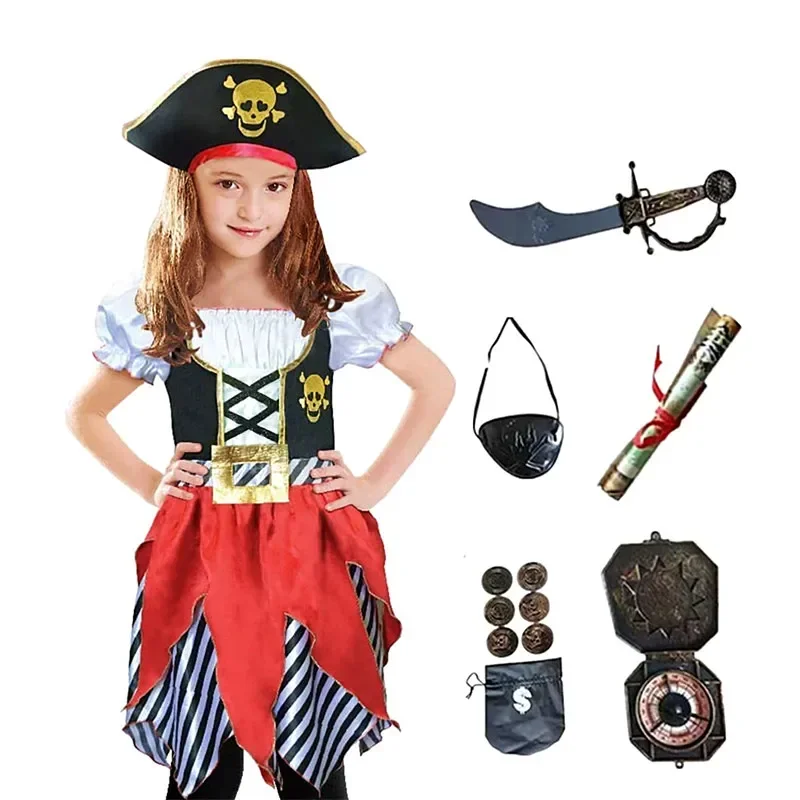 Costume de fête crâne de Pirate pour filles, robe rayée avec ensemble de jouets pour noël, Halloween, cadeau de princesse Captain Jack
