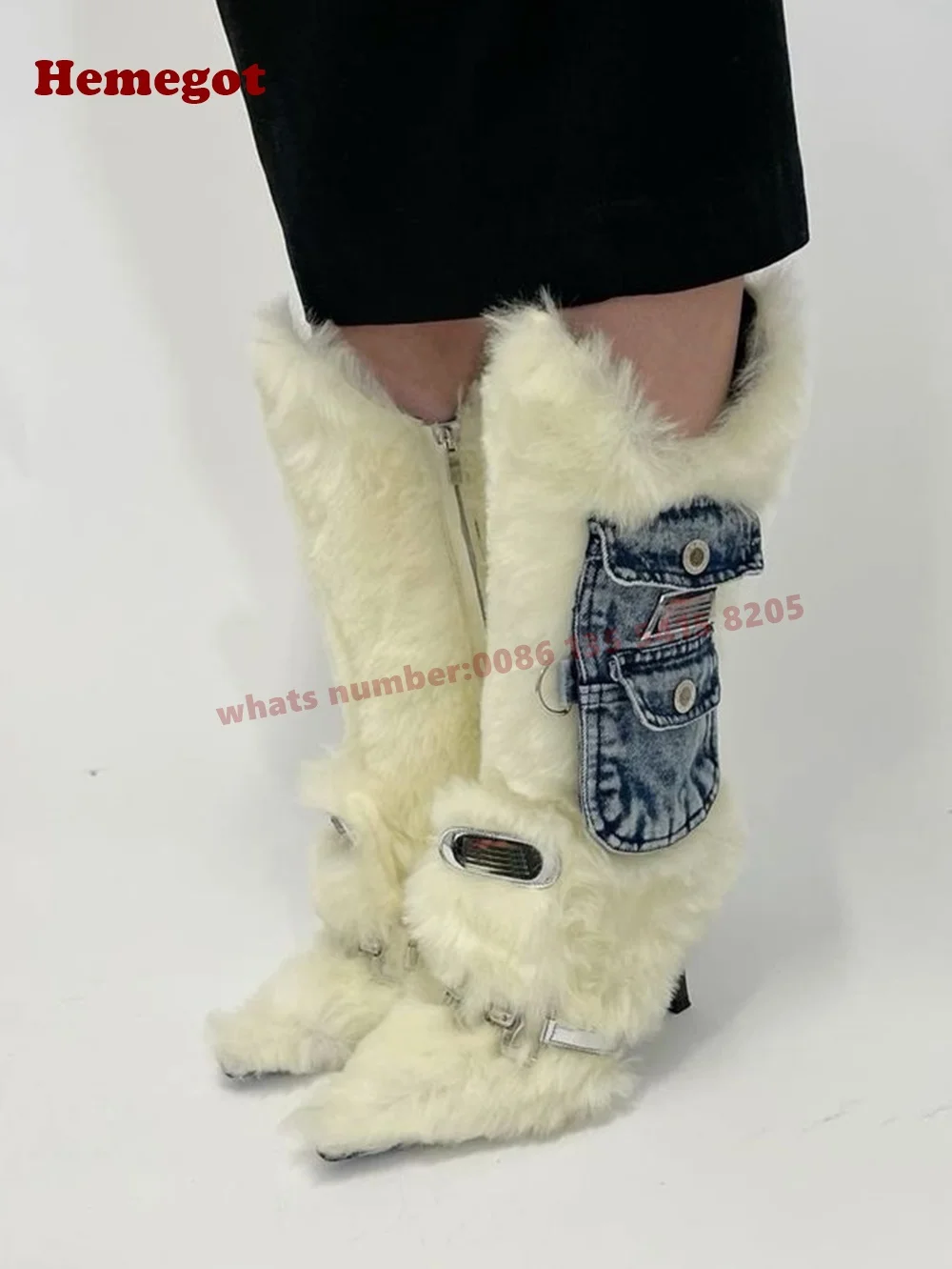 Fur Pocket Fluffy Stiletto Long Boots Pointy Toe Side Zipper Plush Women\'s Mid-Calf Boots 2025 White Patchwork Shoes Sexy Luxury