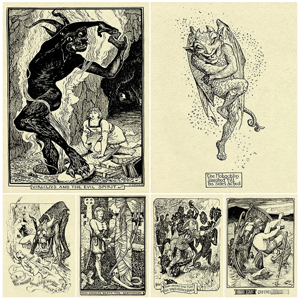 

Black Master Of The Beasts,The Evil Spirit,Hobgoblin Folktales Page Vintage Poster Print Norse Mythological Creatures Wall Art