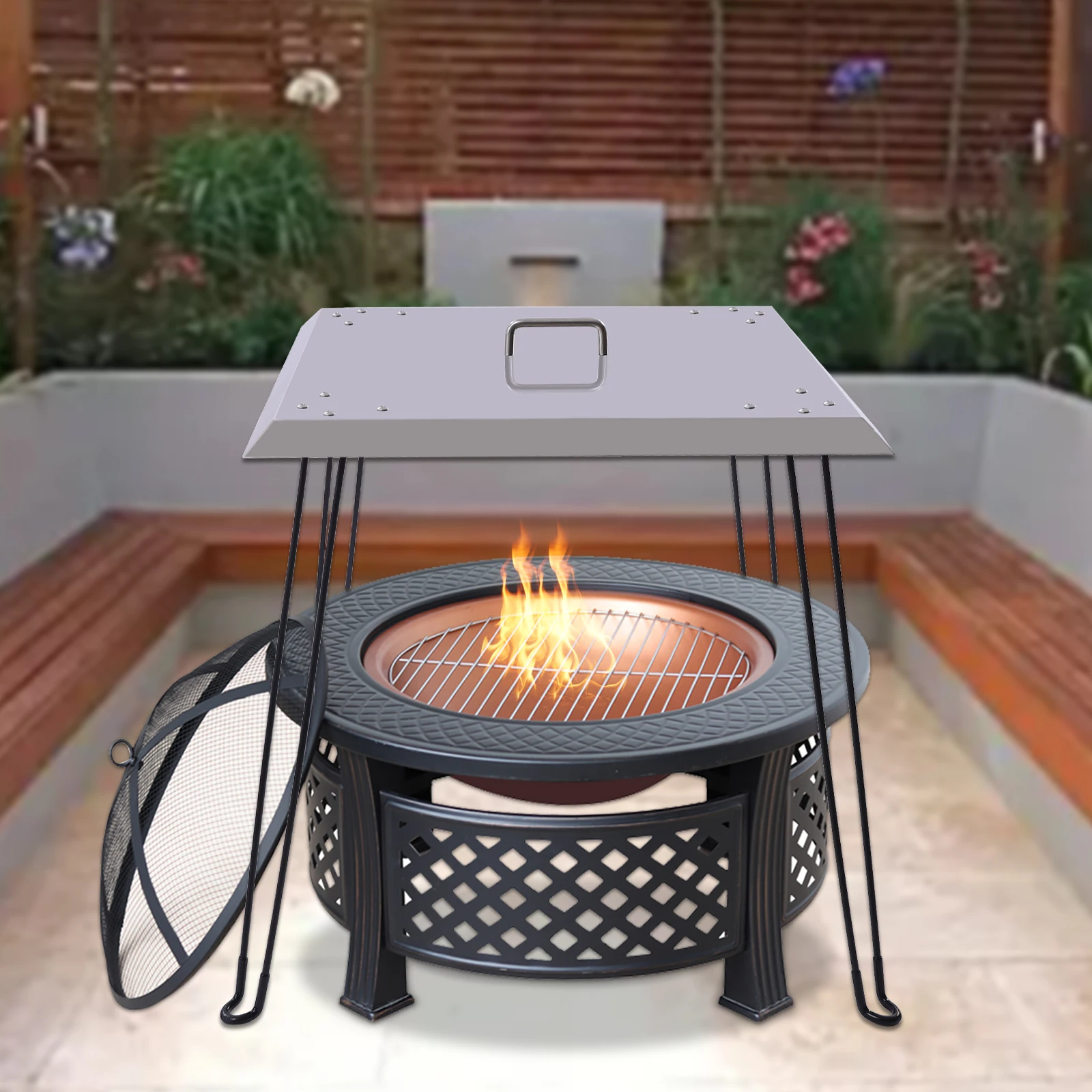 Stainless Steel Fire Pit Heat Deflector Silver - 24x24x24 Inch Square Lid with Foldable Legs & Carrying Handle