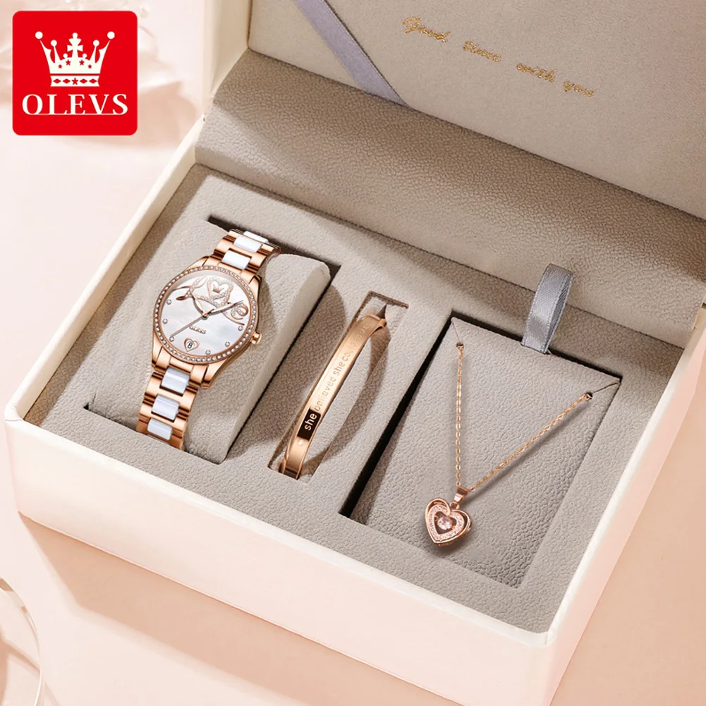 OLEVS 6686 Automatic Mechanical Watch for Women Diamond  “Love” Dial Ceramics Watchband Elegant Ladies Watch Luxury Gift Set