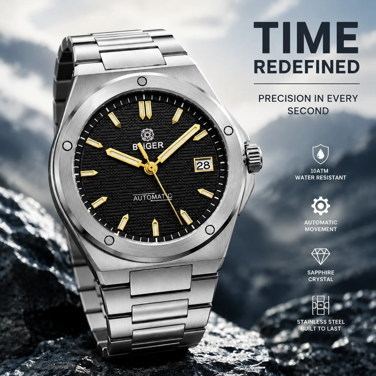 

BLIGER NH35A Mechancial For 40mm Engineer Style Automatic Men Watch Luxury Black Dial Gold Index Green Luminous 100m Steel Dive