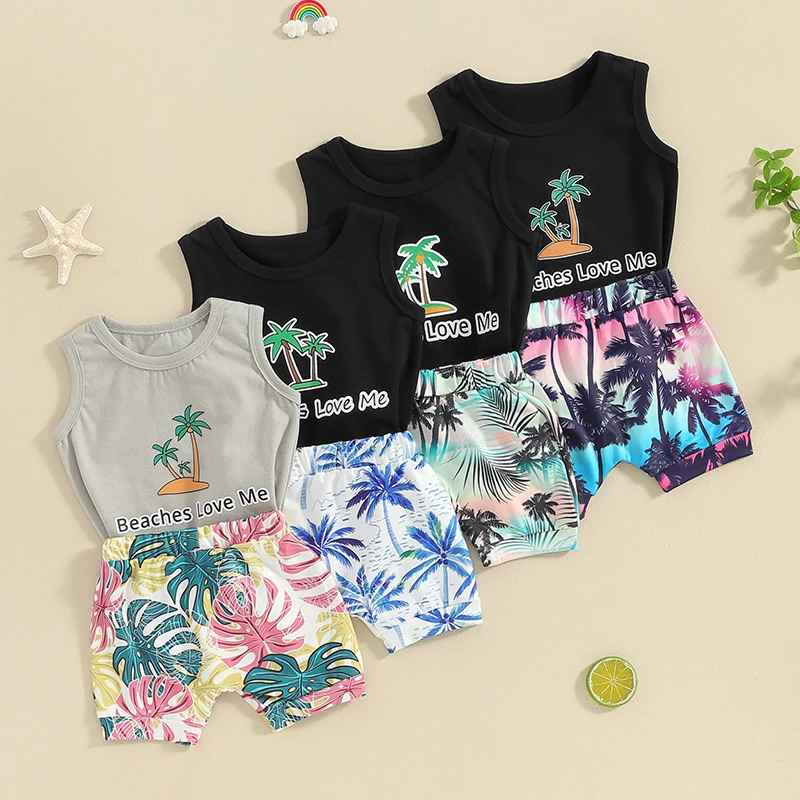 

Toddler Baby Boy Summer Hawaii Outfits Round Neck Sleeveless Letter Print Tank Tops + Elastic Waist Shorts Infant Clothes Sets