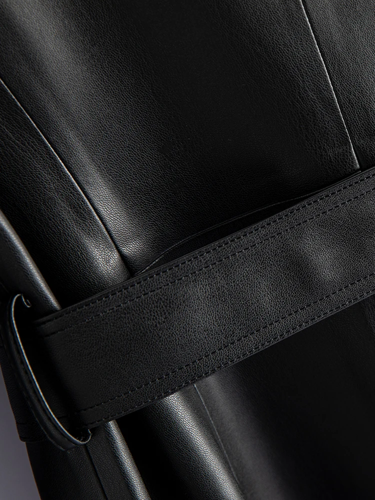 Manteau en cuir véritable Haining pour femme, coupe mi-longue, en peau de mouton, coupe-vent, nouvelle collection automne 2025, col tailleur, ceinturé