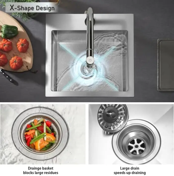 

15-Inch Stainless Steel Drop-In Bar Sink, 18-Gauge Single Bowl Square With X-Shape Drain Design And 3D Textured Surface