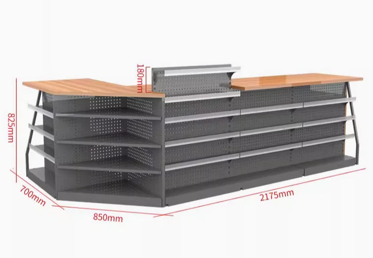 Supermarket cash register counter, store small corner front desk