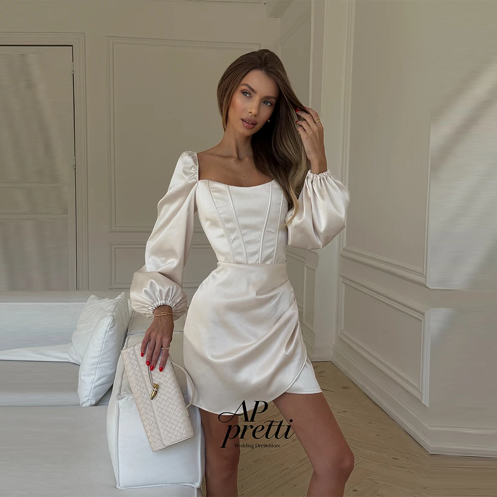 AP pretti Simple Soft Satin Mini Wedding Dresses Strapless Customized Full Sleeve Mini-Length Bridal Gown Vestidos Novias Boda  