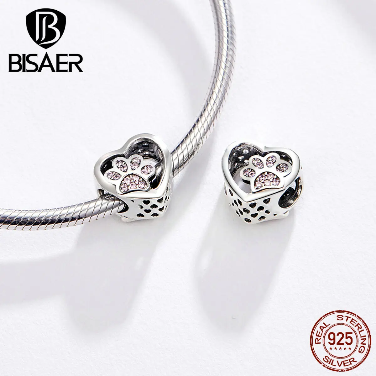 BISAER 925 Sterling Silver Dog Best Friend Charm Pink Cute Claw Plated Platinum Beads Fit DIY Bracelet Necklace Fine Jewelry