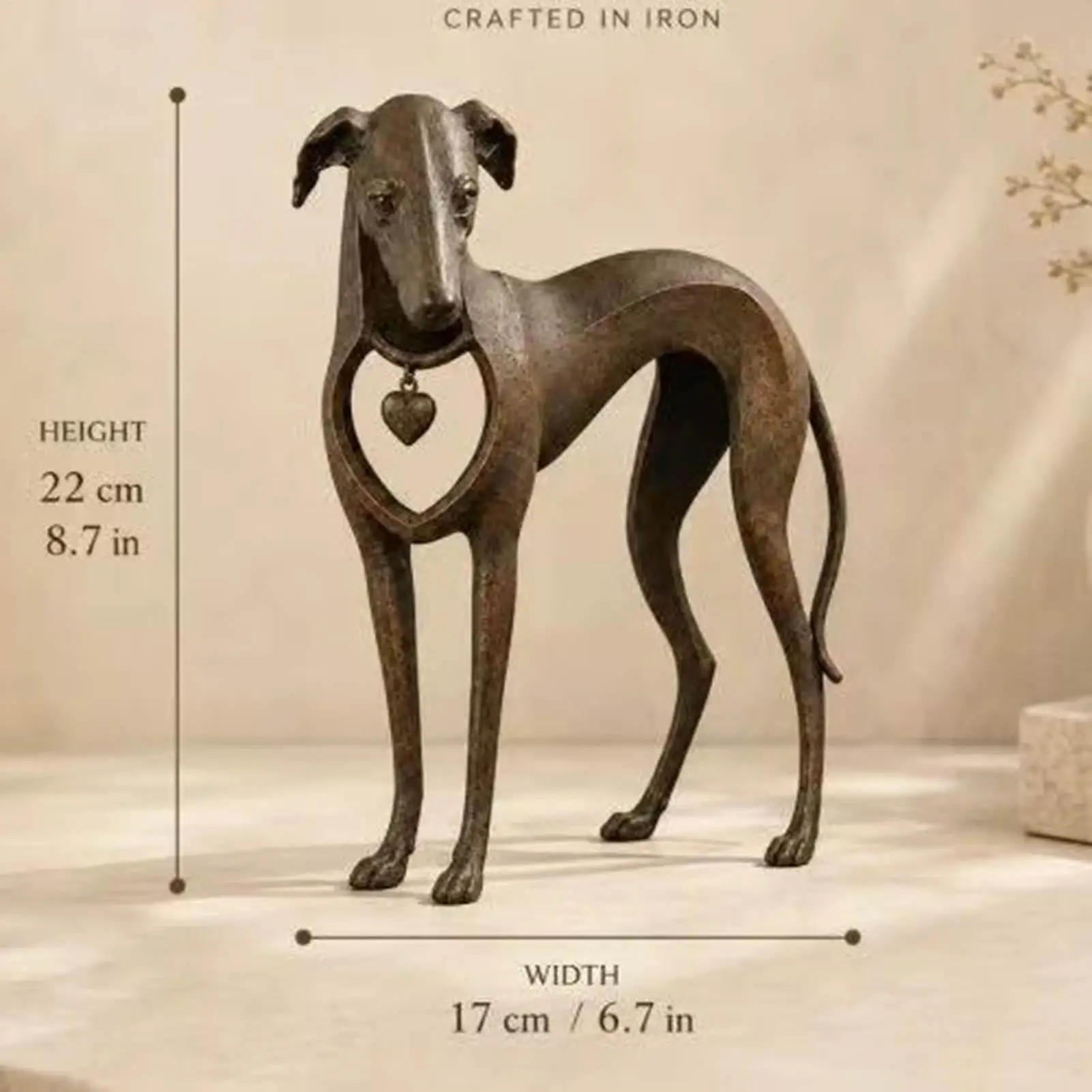 Sighthound Sculpture with Heart Vintage Resin Dog Statue Decor Rustic Greyhound Desk Ornament for Home Apartment Indoor Study