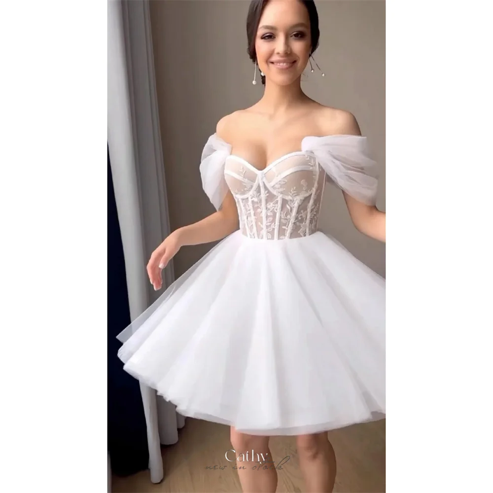 Cathy White Mini Tulle Wedding Dresses Off the Shoulder vestidos de noche Elegant Sleeveless Short Lace-up Back Formal Evening