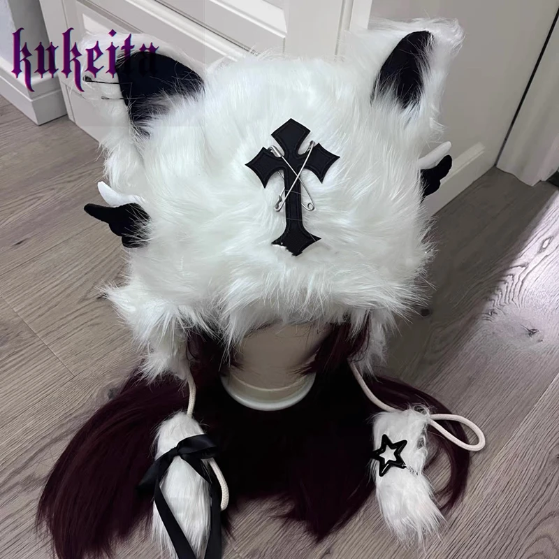 Kukeita Harajuku Gothic Cute Fluffy Plush Faux Fur Cat Ear Hat Y2k Punk Women Winter Windproof Ear Protection Warm Beanie Caps