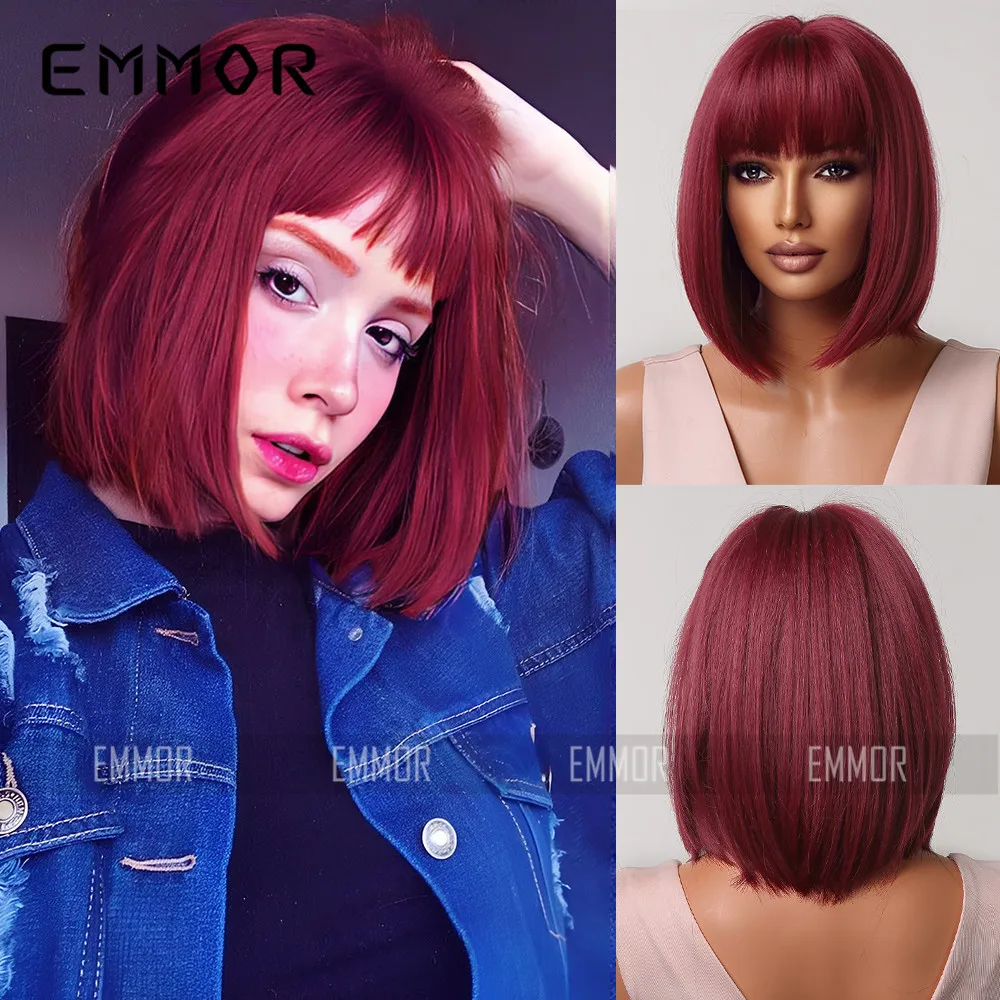 European Fashion Women Full Head Wig Orange Red Short Bob Wig with Straight Bangs