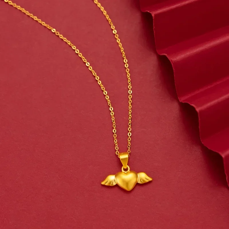 9999 Real Gold 24K Boutique Japan and Korea Fashion Women's Small Wings Love Pendant Gold Love Clavicle Necklace