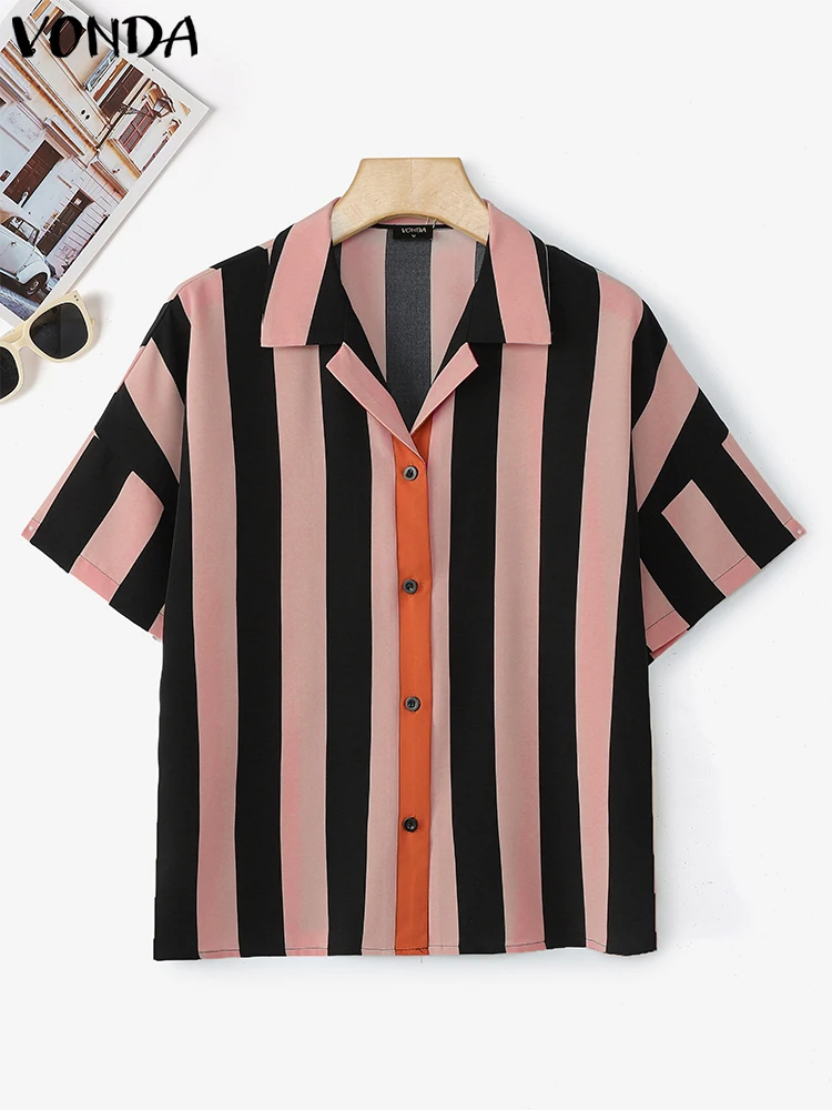 

VONDA Summer Fashion Vintage Shirts Women Short Sleeve Blouse 2025 Striped Casual Tunic Tops Lapel Button Loose Printed Blusas