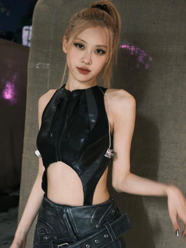 بدلة نسائية مثيرة مجوفة من Sisterlinda مصنوعة من الجلد بسحّاب صناعي بدون أكمام ورقبة دائرية بدون خصر ملابس مهرجان موسيقى منتصف الليل #6