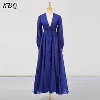 KBQ Solid Elegant Fashion Long Dresses for Women Deep V Neck Long Sleeve High Waist Temperament Prom Dress Female Spring Clothes