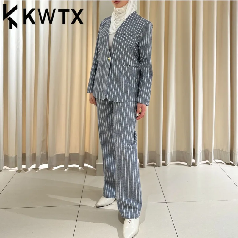 

KWTX Women’s 2025 Linen Two Piece Set Striped Blazer & Wide Leg Pants Retro Chic Streetwear Casual Spring Summer High Quality