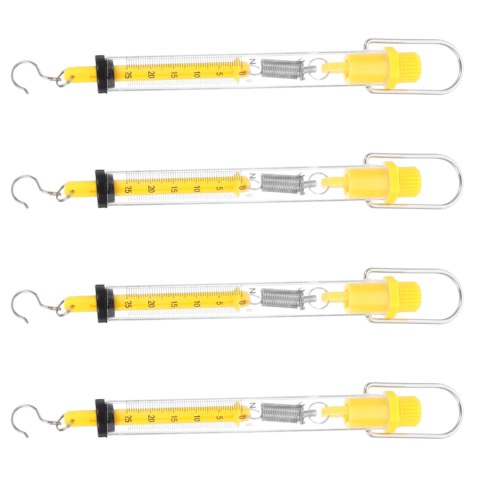 

4Pcs Spring Scale Tubular Newton Force Meter Clear Plastic Housing S Hook Top Ring Gravity Tension Measurement