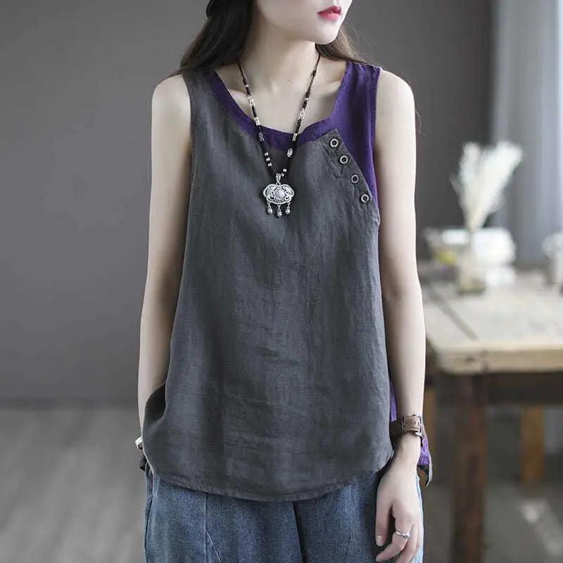 2024 Summer Women Vintage Contrast Color Patchwork Cotton Linen Tank Tops Y2K Casual O Neck Sleeveless Loose Vest Ropa De Mujer