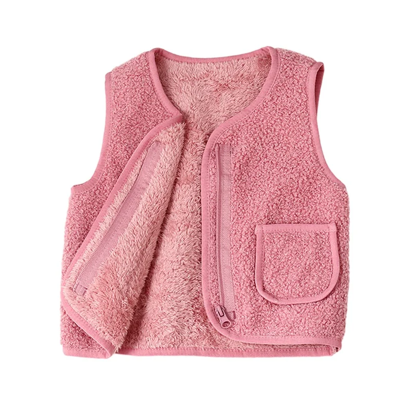 Children\'s Winter Lamb Wool Undershirt Boys Girls V-Neck Zipper Jacket Baby Warm Coat Vest 0-8 Years Old