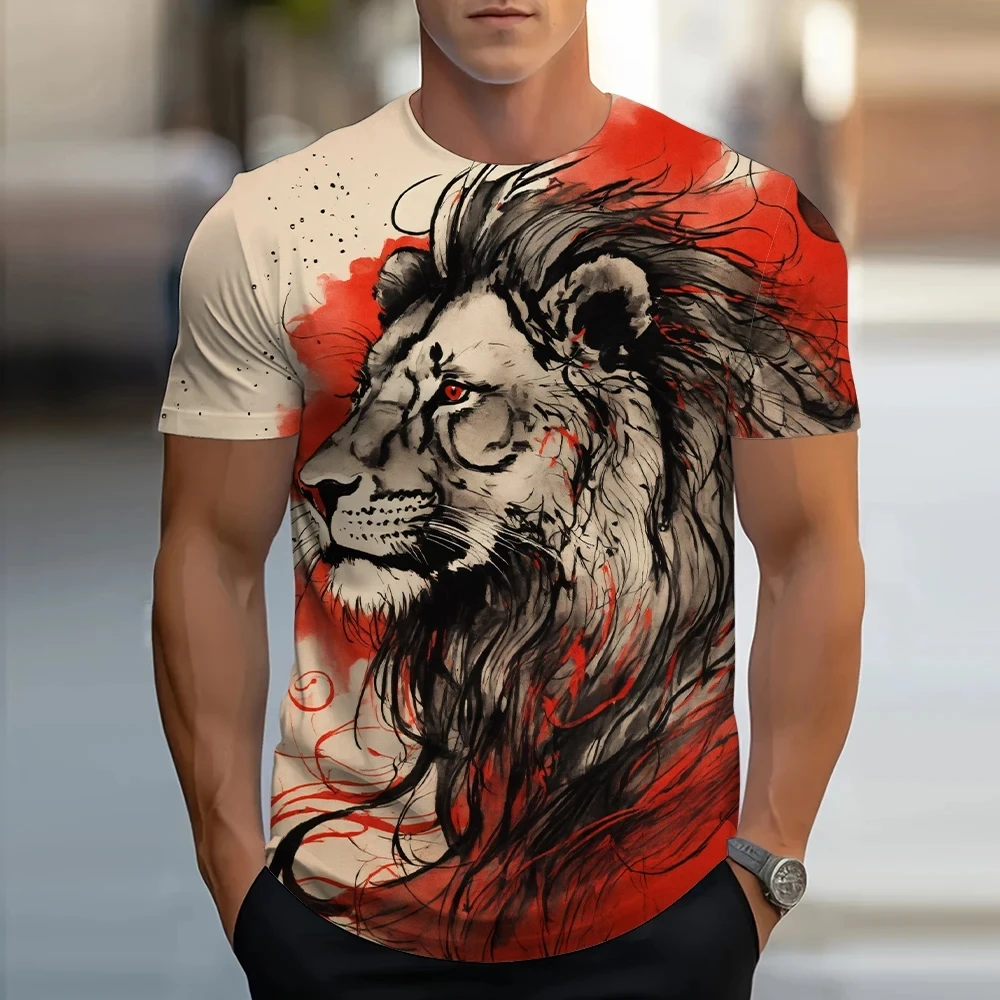 

New Summer Fashion Men's Round Neck T-shirt with Lion Animal Pattern 3D Printed T-shirt Neutral Street Casual Short Sleeve Top