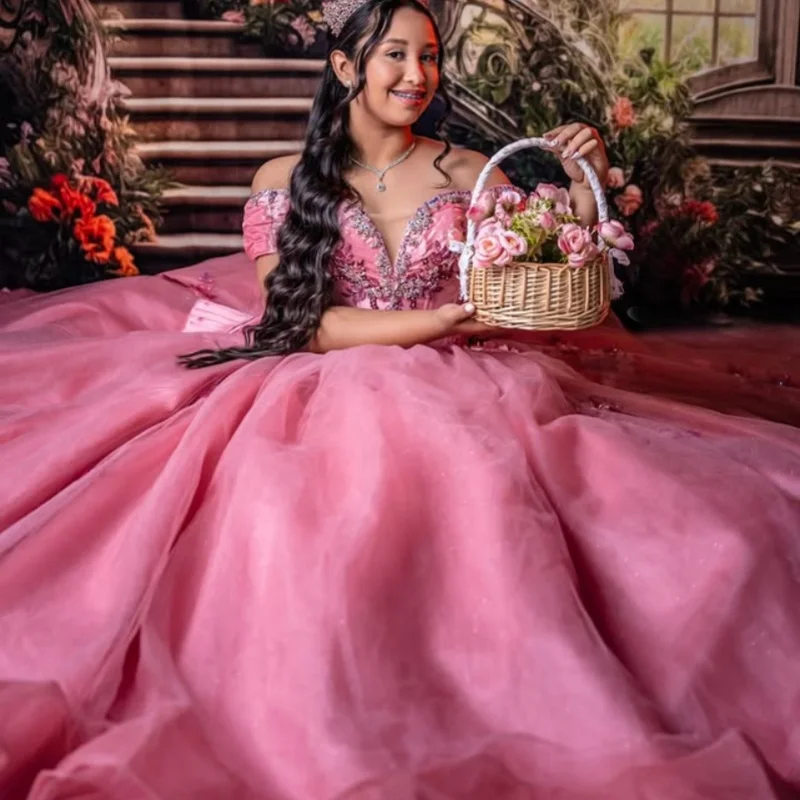 

Pink Quinceanera Dress Crystal Glitter flower Decal Lace layering Bow Long tail Vestidos De 15 Quinceanera ﻿Customize