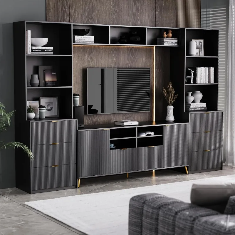 

Wall cabinet with drawers and cabinets, multifunctional TV stand media storage cabinet with grooved line surface for living room