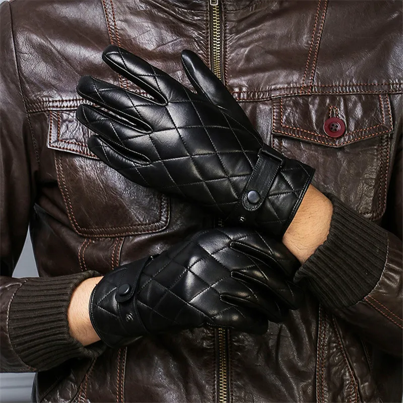 Real Leather Men Gloves Autumn Winter Plus Velvet Thicken Diamond Lattice Black Lambskin Driving Gloves Male DQ1911