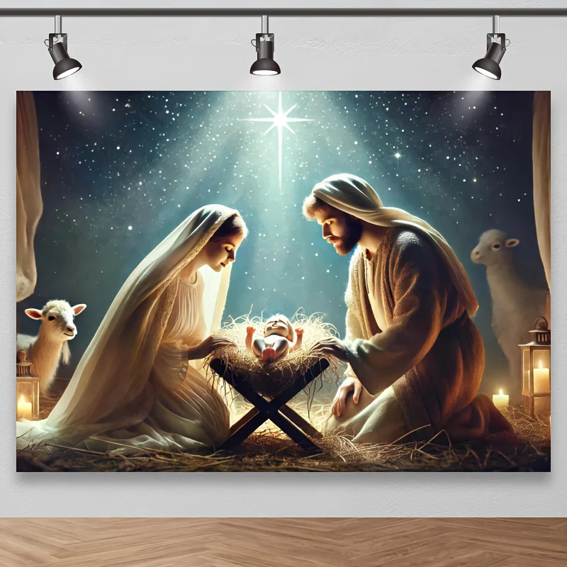 Fondo de fotografía de nacimiento de la escena pacífica de Jesús: María, José y el Pequeño Jesús bajo la Estrella de Bethlehem