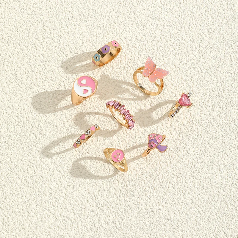 New Colorful Enamel Butterfly Kunckle Rings Set For Women Geometric Crystal Heart Mushroom Finger Ring Girls Bohemian Jewelry
