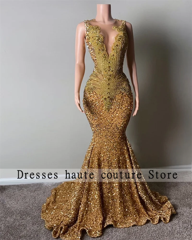 Gold Sequins Crystal Rhinestones Long Prom Dress For Black Girls 2025 Birthday Party Dress Evening Gowns Robe De Bal Customized