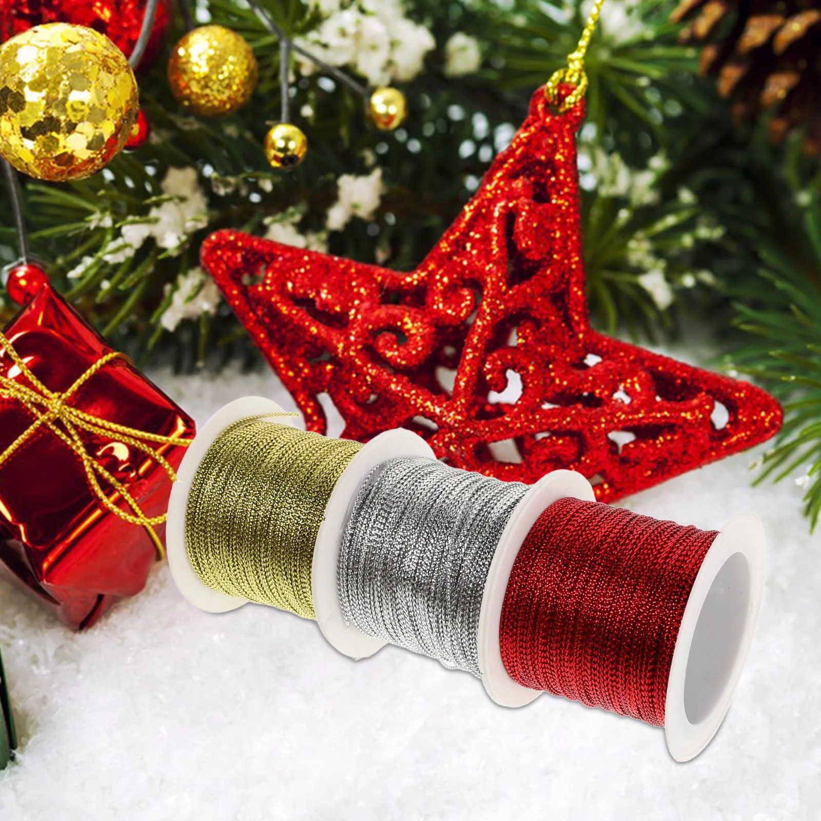 

3pcs 20M Tag Cords Glitter Wrapping Wire Gold Silver Red Sturdy Durable For Christmas Decor Gift Packaging Dressing Crafting
