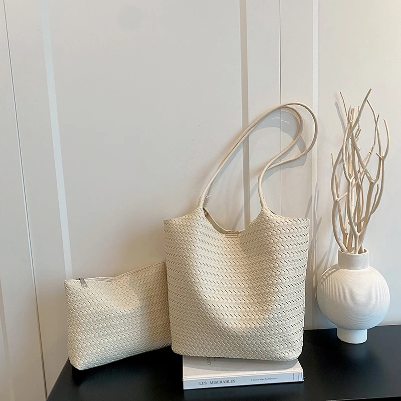 New Women Woven PU Tote Bag Large Capacity Single‑Shoulder Handbag Smooth Zipper Wear‑resistant Bottom For Office Travel Daily