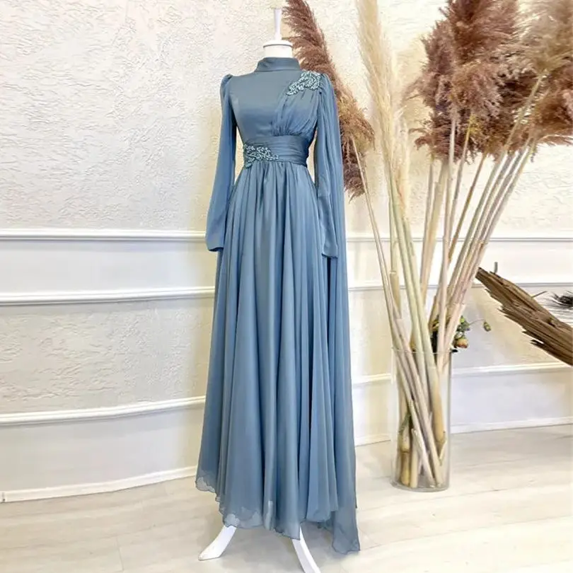 Funyue A-Line Chiffon Blue Prom Gown Vestidos De Noite Beaded Long Sleeves Formal Dress Arabic Dubai Arabic Evening Dresses